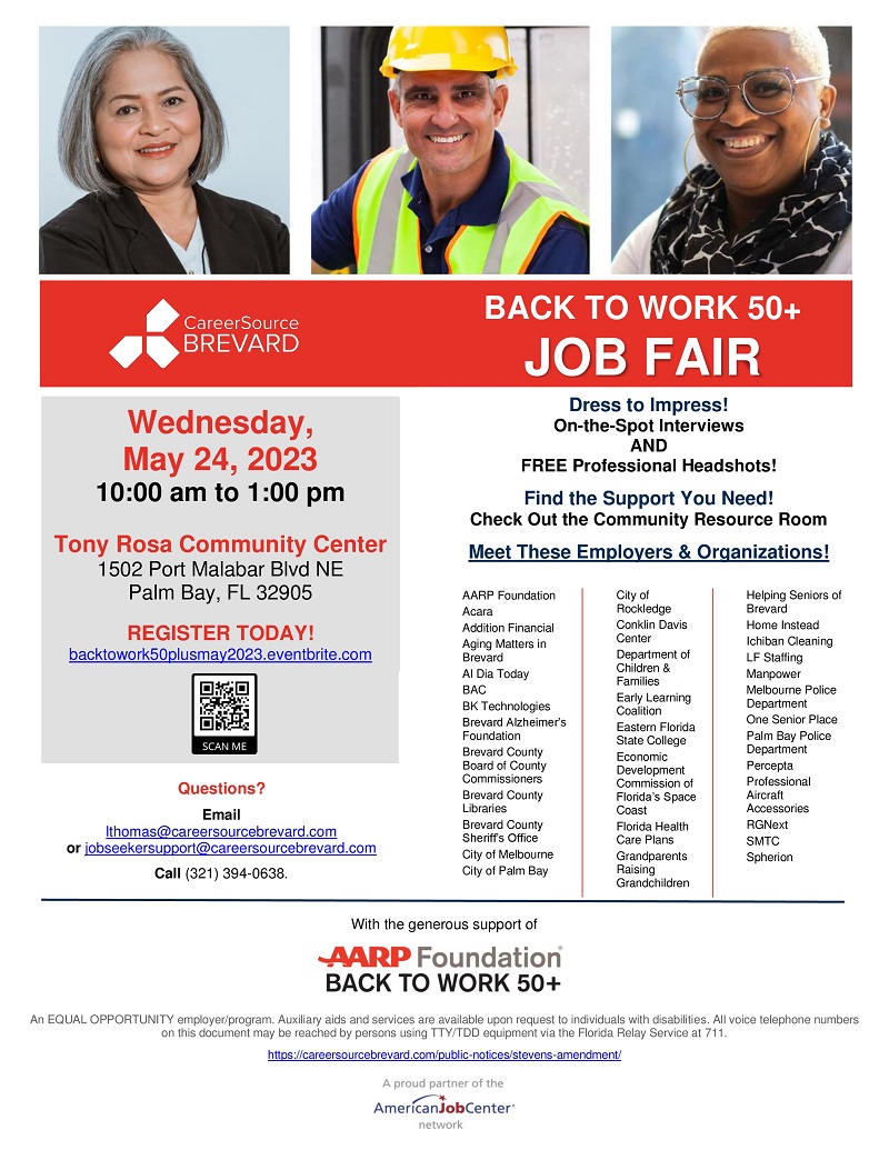 Back to Work 50+ JOB FAIR hosted by CareerSource Brevard One Senior Place
