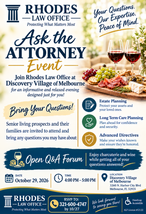 Ask the Attorney: An Evening of Questions & Answers with Rhodes Law, P.A. at Discovery Village of Melbourne